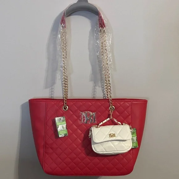 Badgley Mischa Red Quilted Tote with Gold Accents & Mini White Purse Charm - Picture 1 of 9